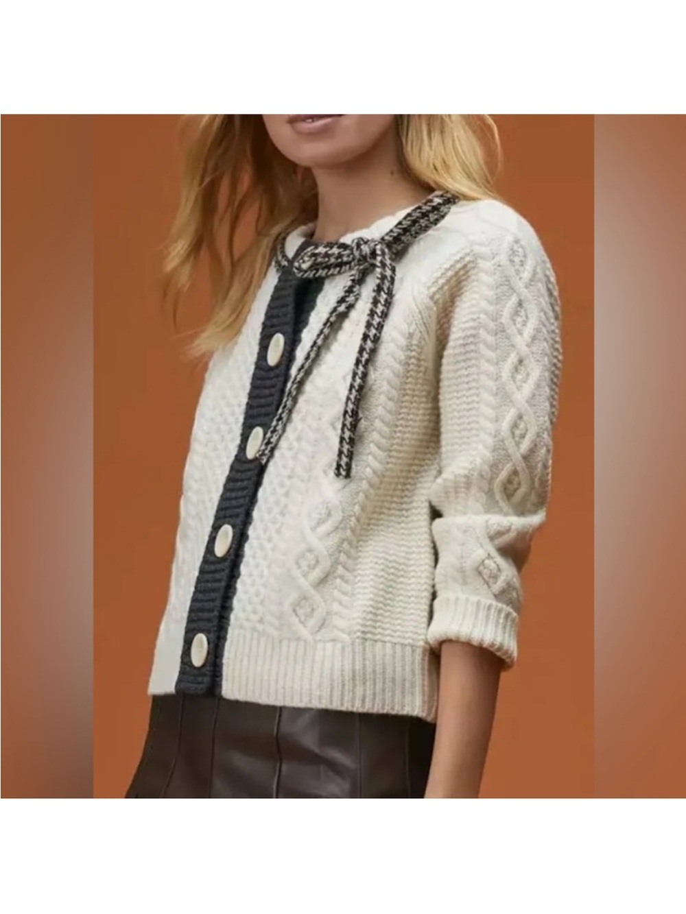 The Reeds x Anthropologie Cream Cable-Knit Cardigan with Bow Detail 100% Wool- S